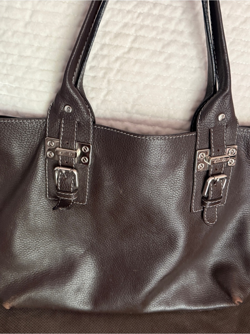 Corts Made in Spain Classic Dark Brown Leather Tote Bag with Buckle Accents